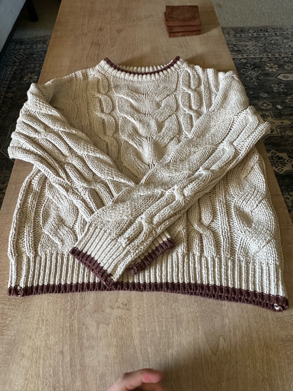 Cable Knit Crewneck Sweater in Cream with Contrasting Trim